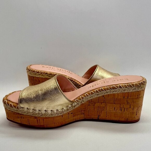 Kate Spade Cosette Cork Wedge Sandal Size 8.5B Gold Nappa Leather Slip-On - Picture 8 of 16